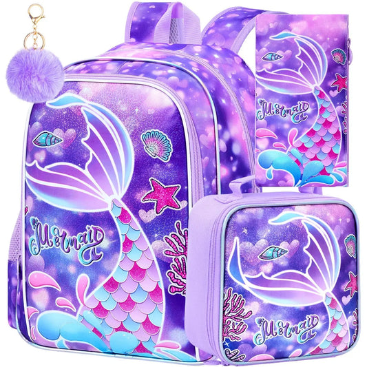 3Pcs Mermaid Backpack for Girls, 16" Kids Fishtail Bookbag with Lunch Box, Cute School Backpack Set for Preschool Kindergarten Toddler(Rainbow), Cute Daypacks