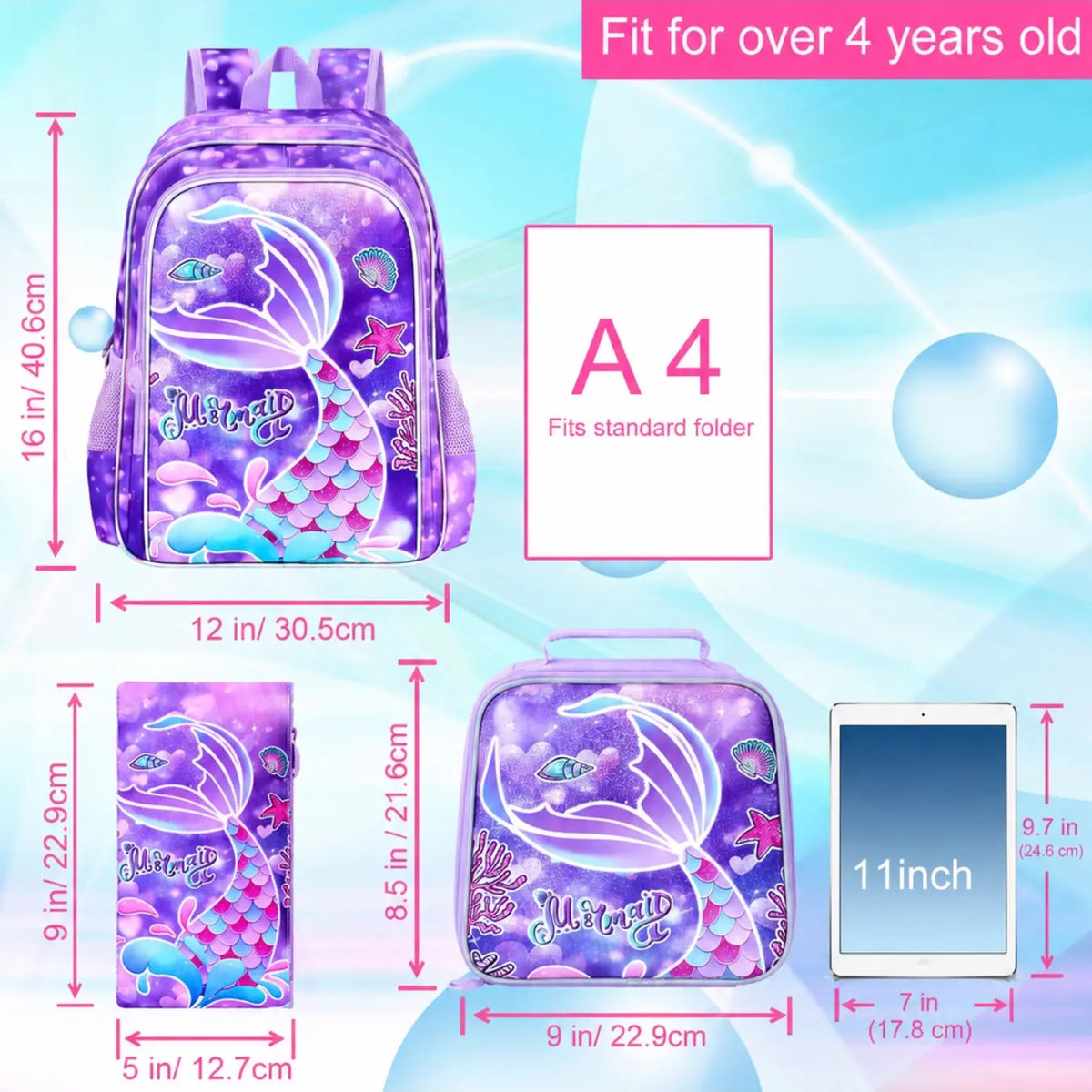 3Pcs Mermaid Backpack for Girls, 16" Kids Fishtail Bookbag with Lunch Box, Cute School Backpack Set for Preschool Kindergarten Toddler(Rainbow), Cute Daypacks