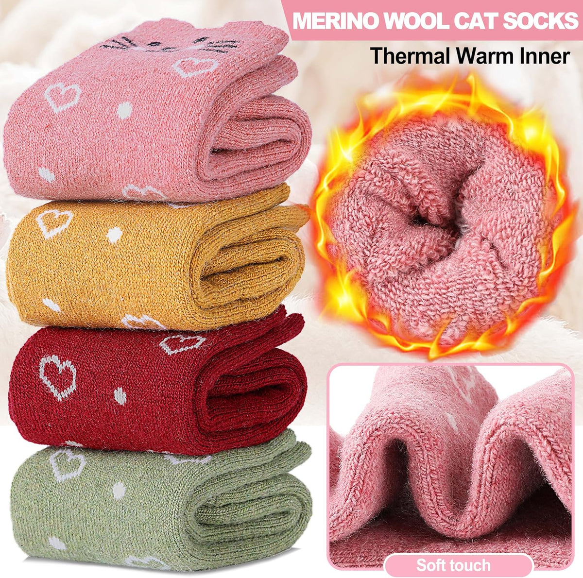 Kids Girls Toddlers Merino Wool Cat Socks Thermal Winter Warm Thick Cozy Cute Funny Crew Socks 6 Pairs