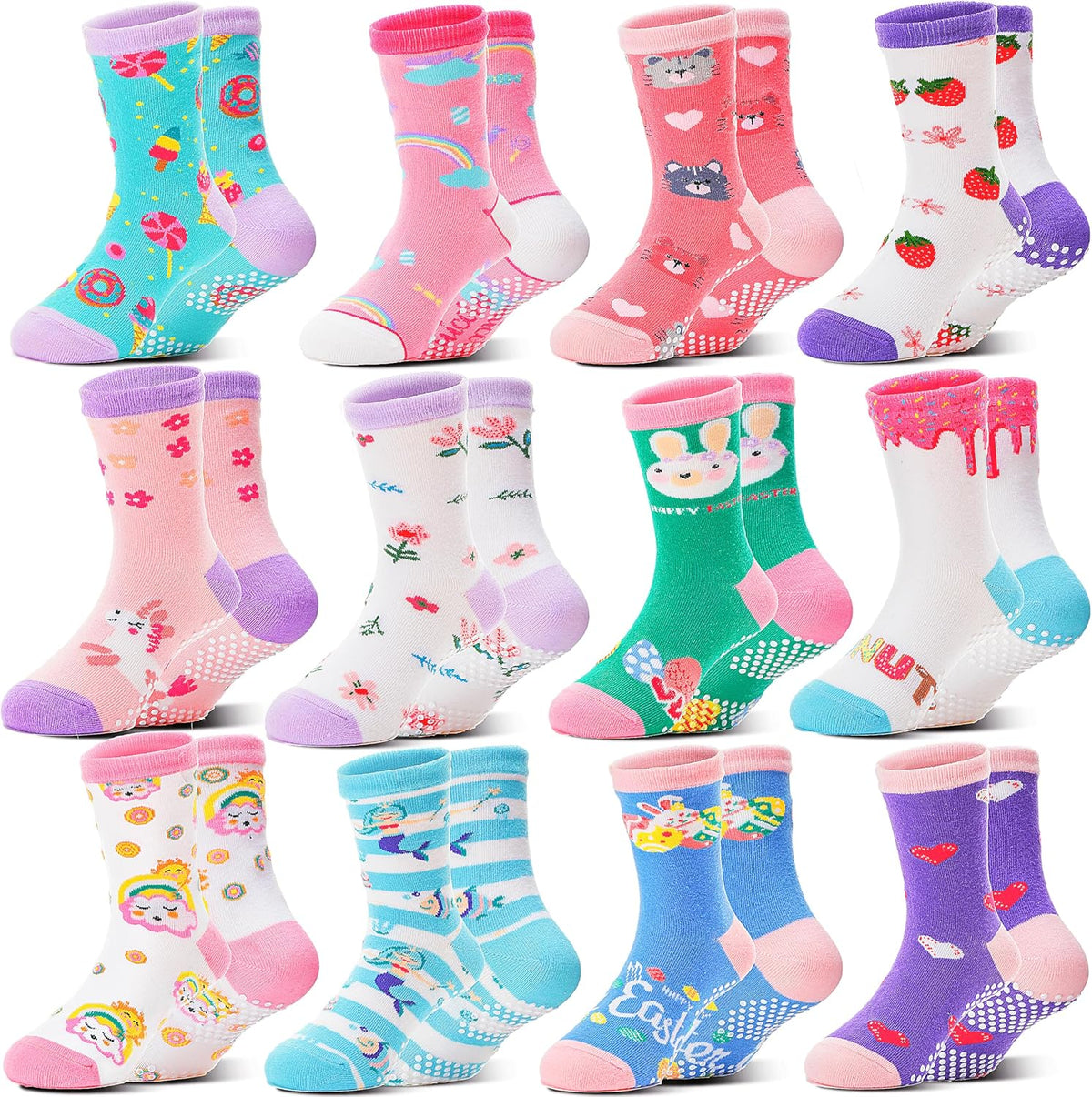 Welwoos Baby Girls Toddlers Grips Socks 12 Pairs Kids Anti Slip Non Skid Animal Funny Cartoon Crew Breathable Cotton Socks