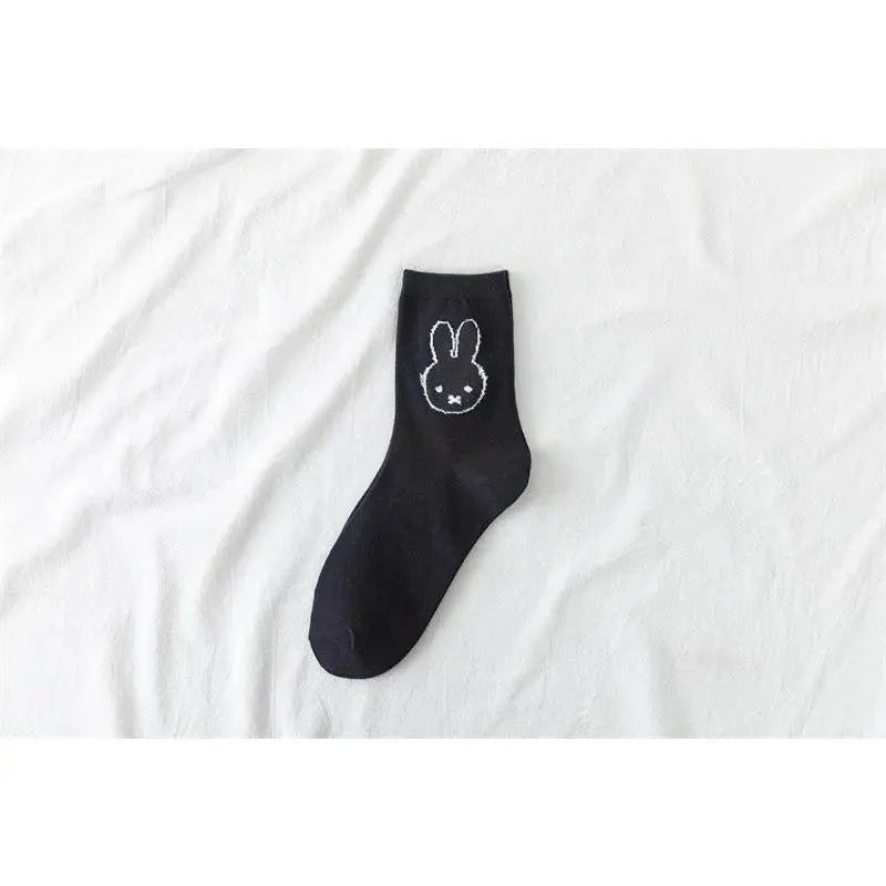 Cute Cartoon Calf-High Pure Cotton Socks for Girls, Kawaii Miffy Black and White Rabbit Design, Casual Versatile No-Slip Home Use Socks