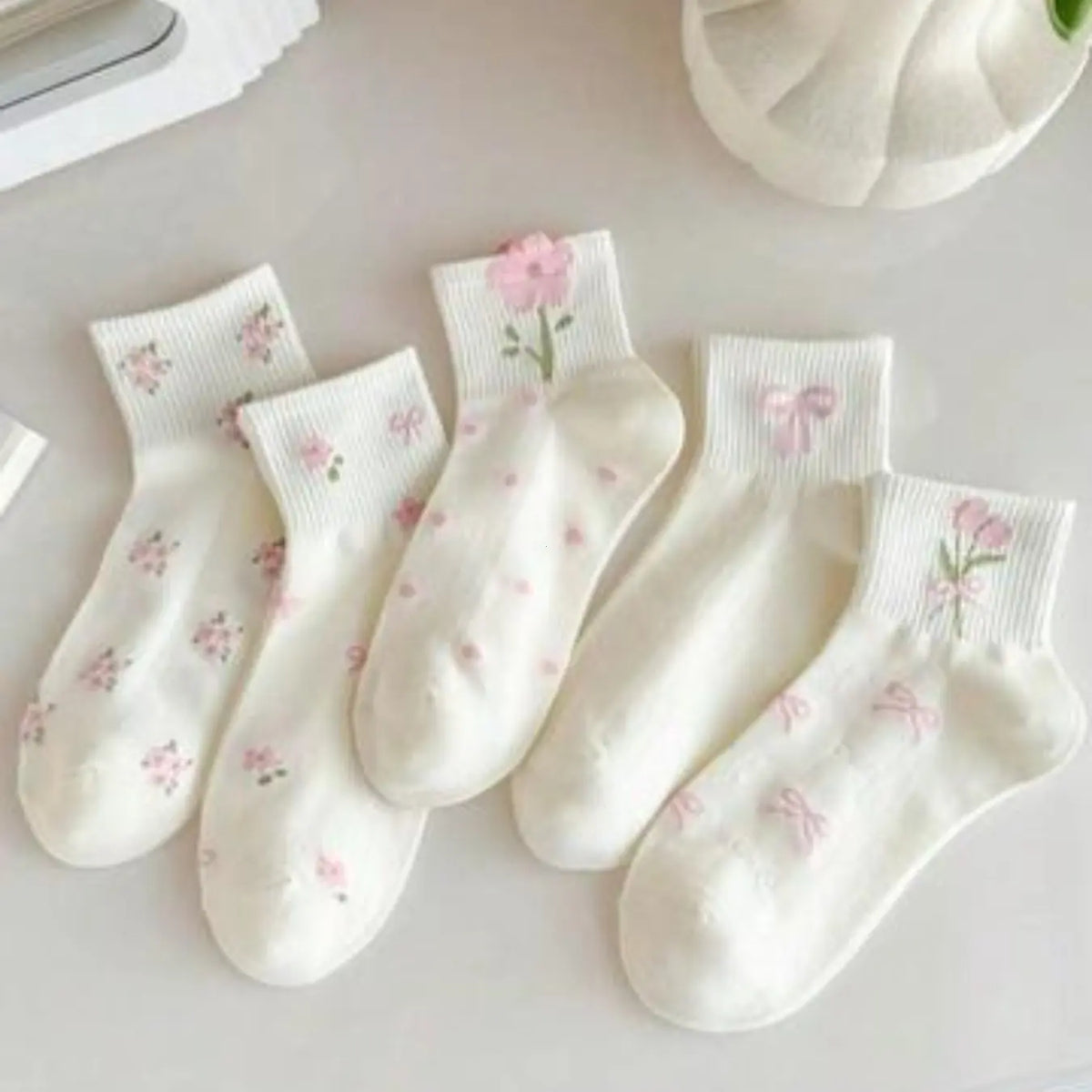 5 Pairs Kids Ankle Socks, Floral Design, High Elastic, Fitted, Boho Style, All Seasons, for Girls 12-16 Years Old