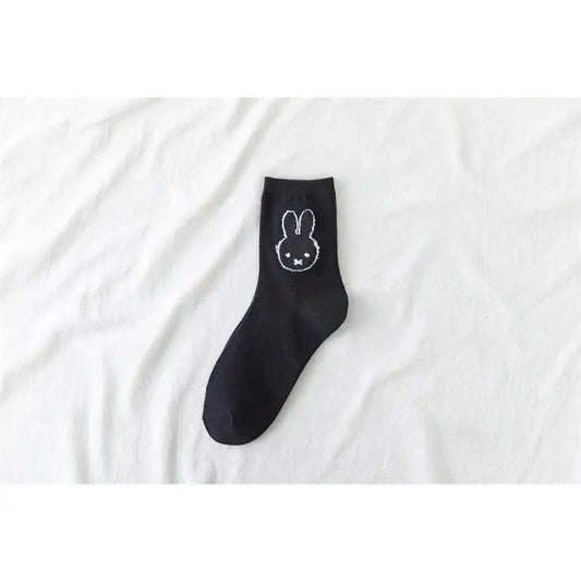 Cute Cartoon Calf-High Pure Cotton Socks for Girls, Kawaii Miffy Black and White Rabbit Design, Casual Versatile No-Slip Home Use Socks