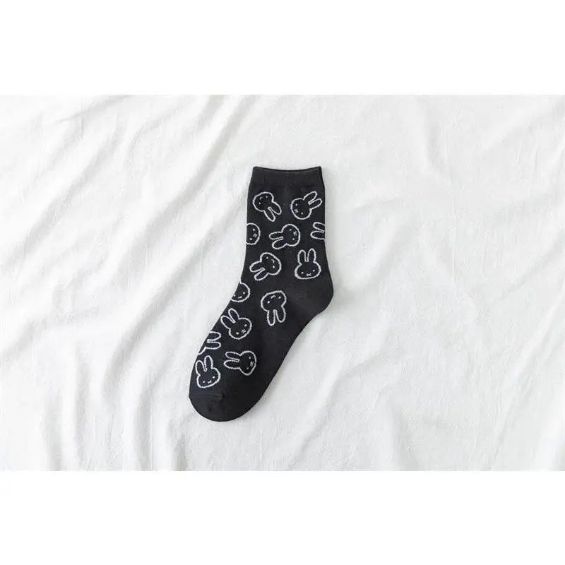 Cute Cartoon Calf-High Pure Cotton Socks for Girls, Kawaii Miffy Black and White Rabbit Design, Casual Versatile No-Slip Home Use Socks